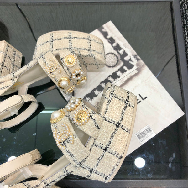 Chanel 26 Runway Style High-Heeled Sandals Off-White in Tweed Fabric 602478