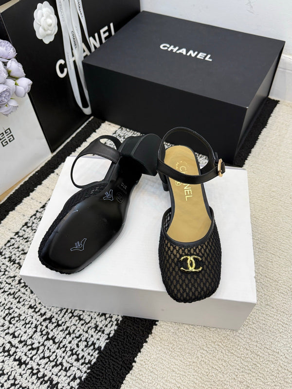 Chanel Square Toe Mary Jane Flats Black in Mesh fabric 602171