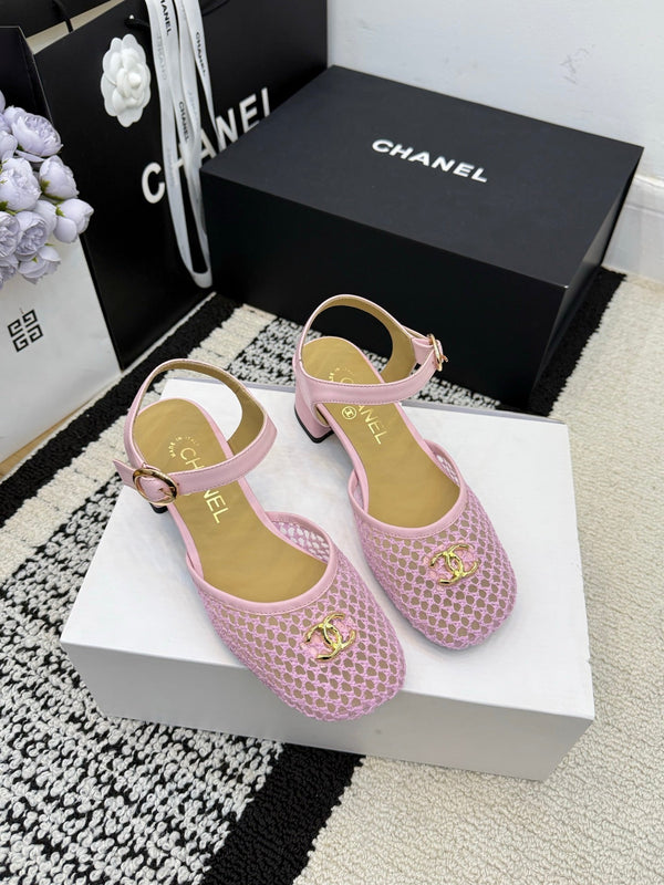 Chanel Square Toe Mary Jane Flats Pink in Mesh fabric 602170