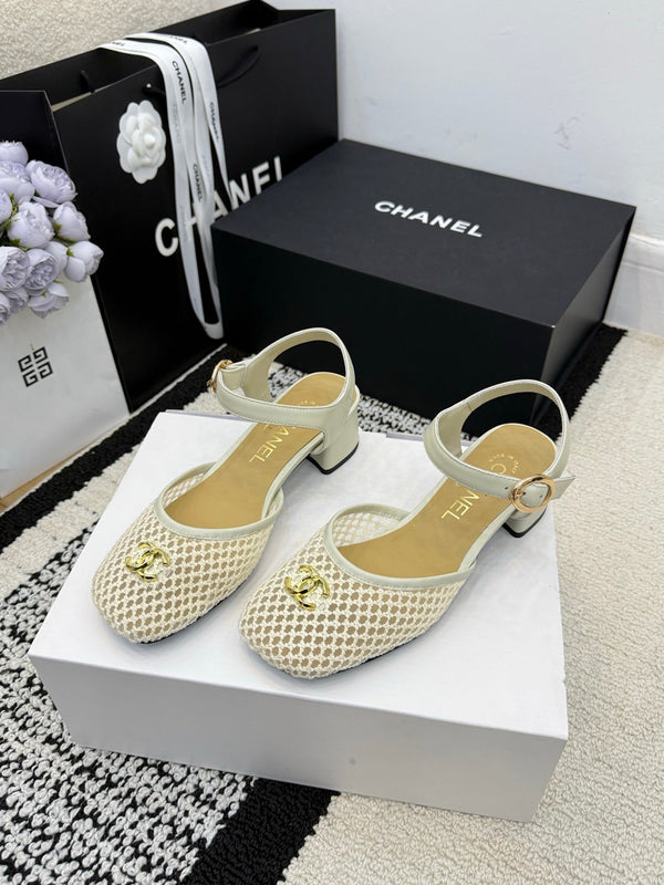 Chanel Square Toe Mary Jane Flats Off-white in Mesh fabric 602169