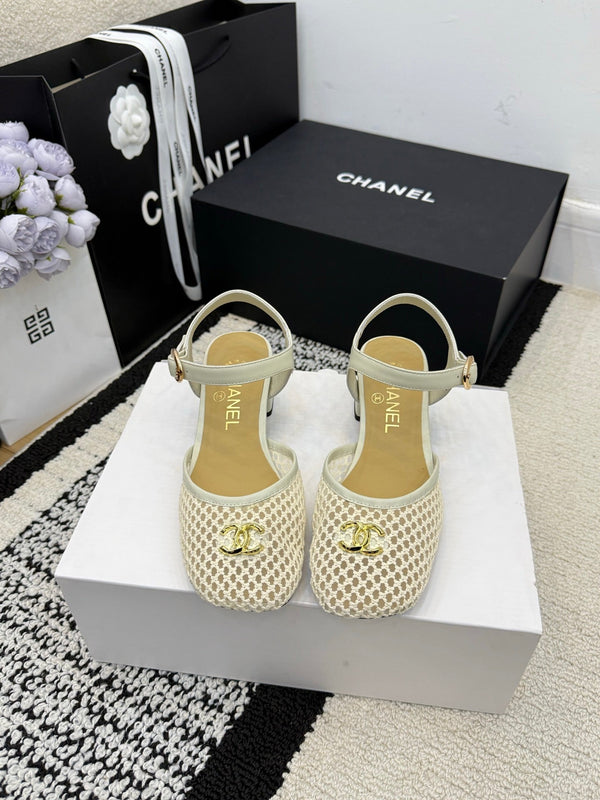 Chanel Square Toe Mary Jane Flats Off-white in Mesh fabric 602169