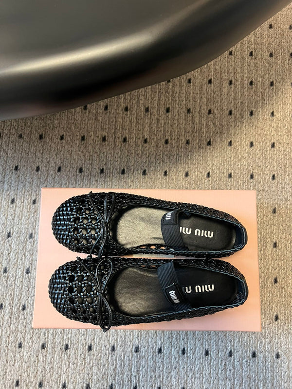 Miu Miu 26SS Ballet Flats Black in Sheepskin Leather Woven Mesh 614698