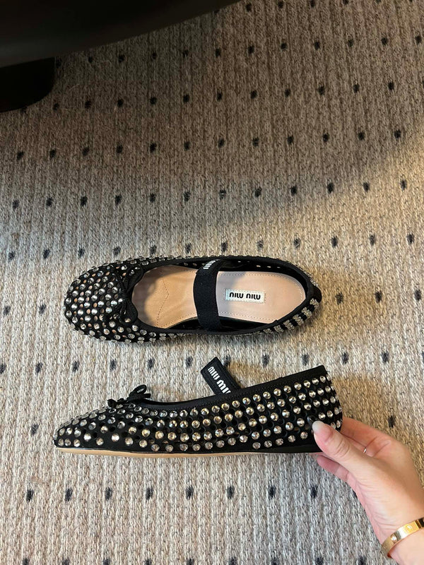Miu Miu 26SS Ballet Flats Diamond-encrusted Black in Calfskin 614697