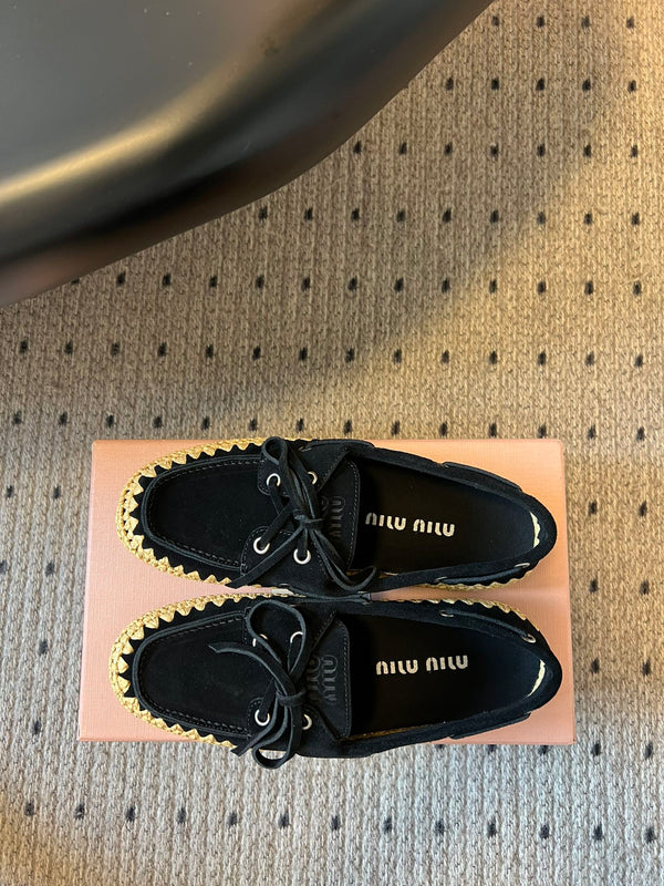 Miu Miu 26ss Loafer Black in Suede With Raffia Straw 614556