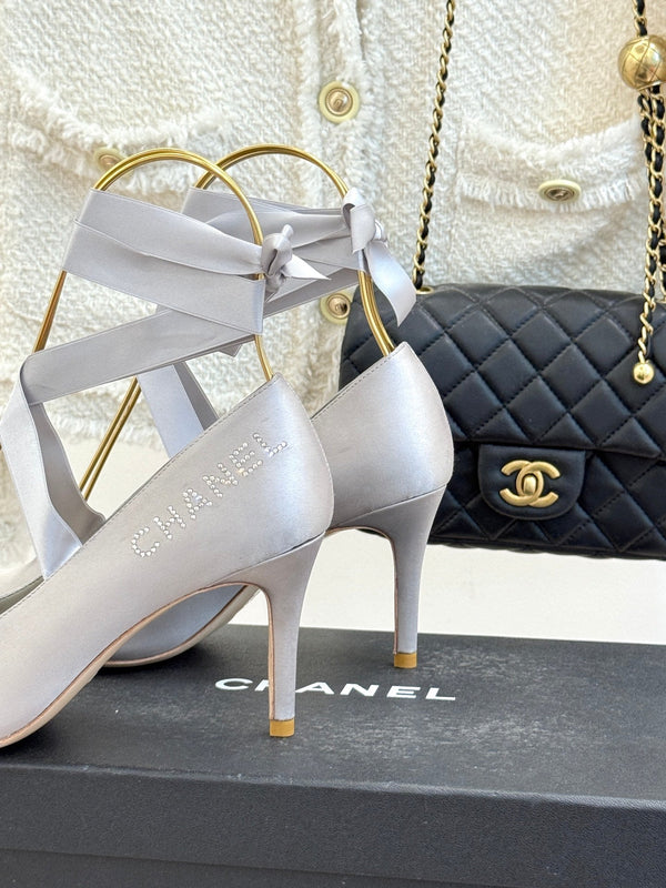 Chanel 26C Ballet High Heels Light Gray in Silk 616005
