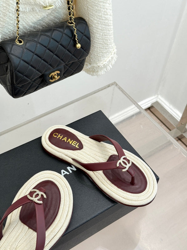 Chanel 26C Hemp Rope Sole Double C Flip-Flops Burgundy in Sheepskin 615958