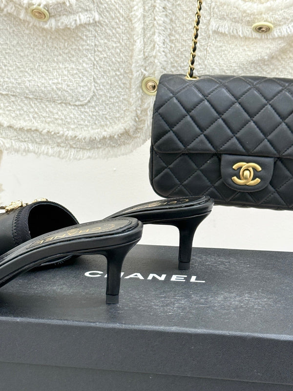 Chanel Classic Rhinestone Double C Bow Kitten Heel Slippers Black in Leather 615820