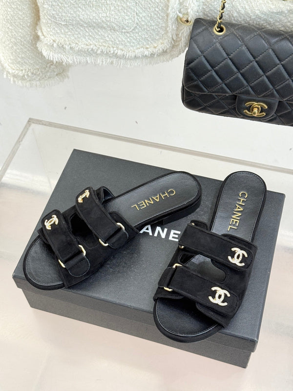 Chanel 26C Double C Backpack Buckle Velcro Slippers Black in Suede 615789