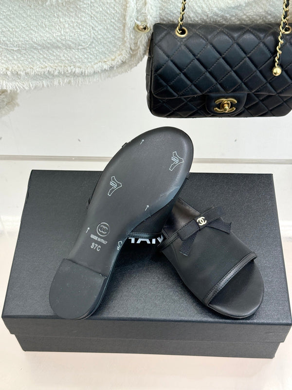 Chanel 26C Double C Bow Slippers Black in Mesh 615711