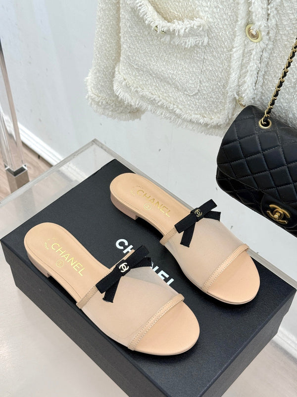 Chanel 26C Double C Bow Slippers Beige in Mesh 615708