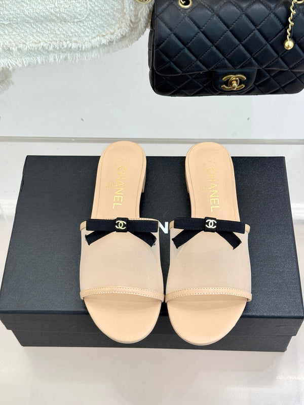 Chanel 26C Double C Bow Slippers Beige in Mesh 615708