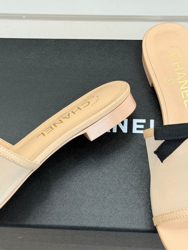 Chanel 26C Double C Bow Slippers Beige in Mesh 615708