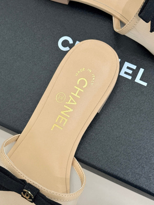 Chanel 26C Double C Bow Slippers Beige in Mesh 615708