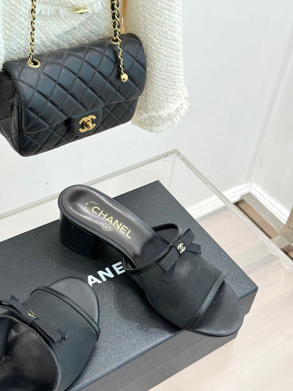 Chanel 26C Double C Bow Slippers High Heel Black in Mesh 615707