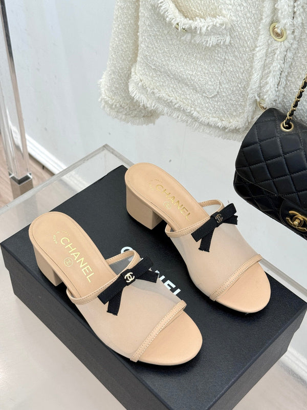 Chanel 26C Double C Bow Slippers High Heel Beige in Mesh 615705