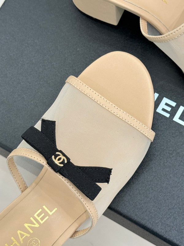 Chanel 26C Double C Bow Slippers High Heel Beige in Mesh 615705