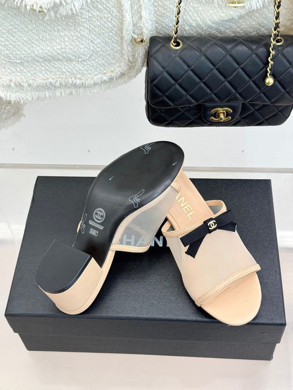 Chanel 26C Double C Bow Slippers High Heel Beige in Mesh 615705
