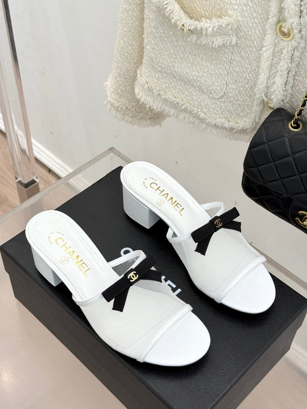 Chanel 26C Double C Bow Slippers High Heel White in Mesh 615704