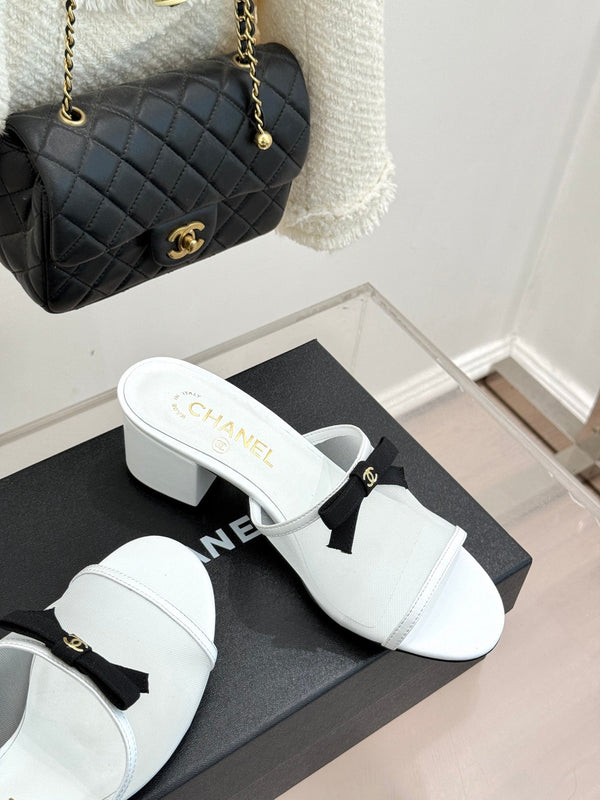 Chanel 26C Double C Bow Slippers High Heel White in Mesh 615704
