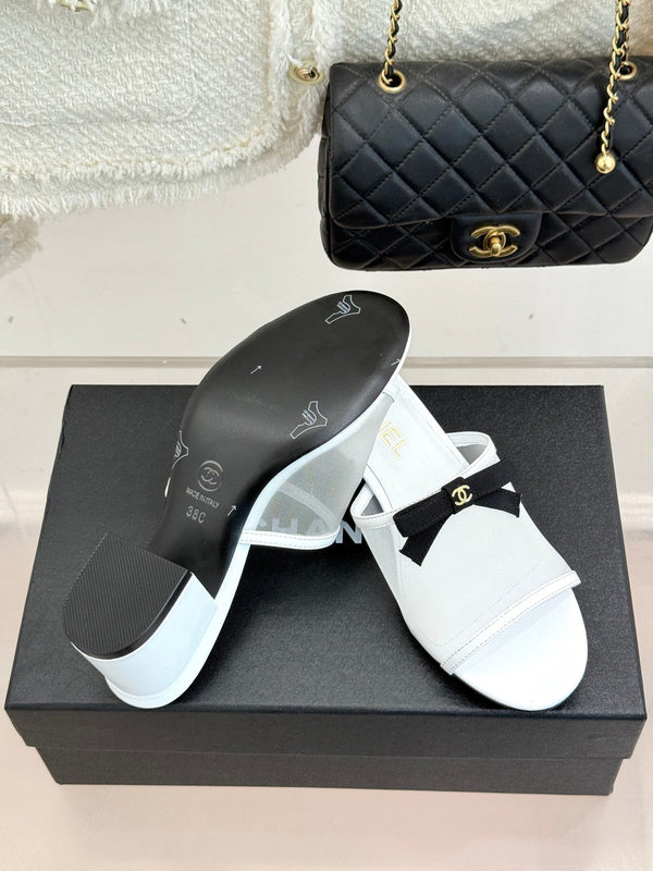 Chanel 26C Double C Bow Slippers High Heel White in Mesh 615704