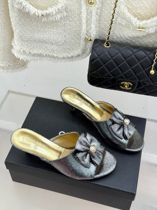 CC 26s Bow Slippers High Heel 35mm Dark Silver Metallic Satin Sheepskin 615747
