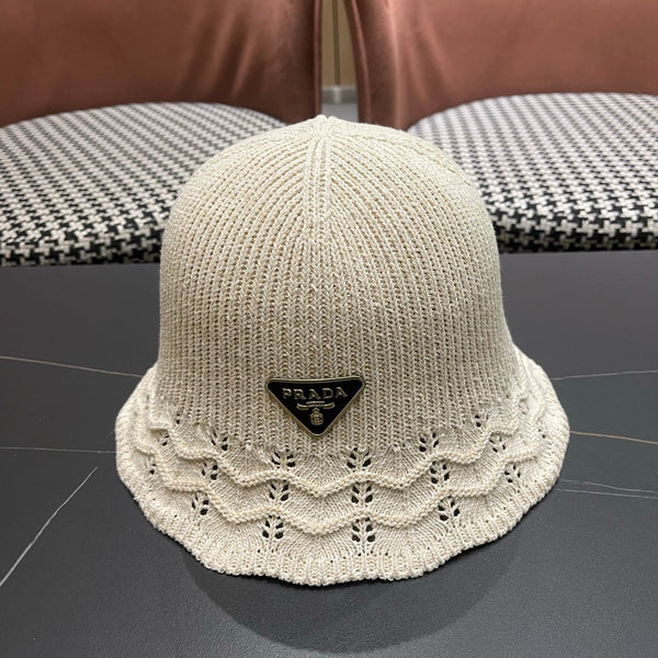 Prada Japanese Style Hollowed-out Bucket Hat White Knitted Woolen Fabric 123252