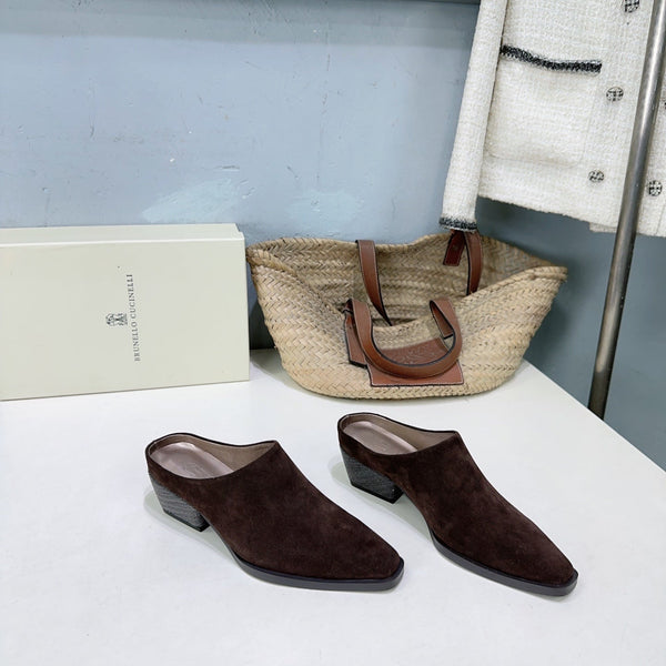 BRUNELLO CUCINELLI 26 Closed-Toe Chunky Heel Mules Dark Brown in Cow Suede 629528