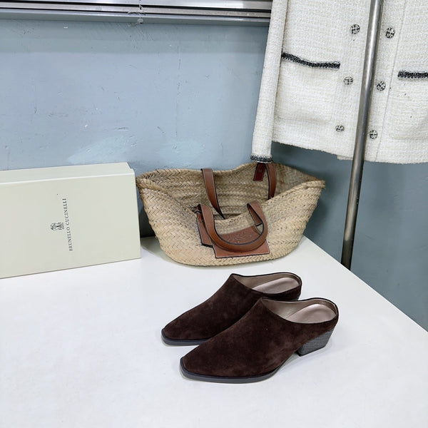 BRUNELLO CUCINELLI 26 Closed-Toe Chunky Heel Mules Dark Brown in Cow Suede 629528