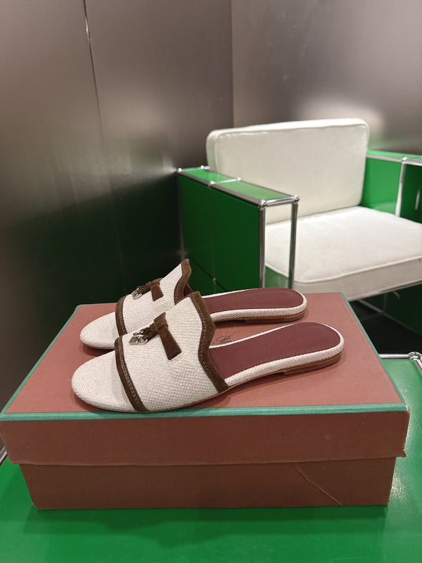 Loro Piana 26 Slippers Ivory Brown Wish Sheepskin Fabric 632134