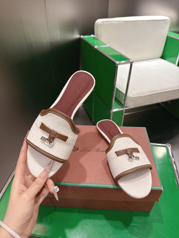 Loro Piana 26 Slippers Ivory Light Brown Wish Sheepskin Fabric 632136