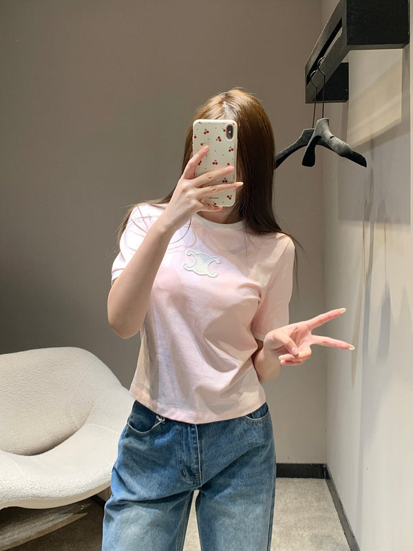 Celine 26SS Neck Short Sleeve T-Shirt Pink in Cotton 813204