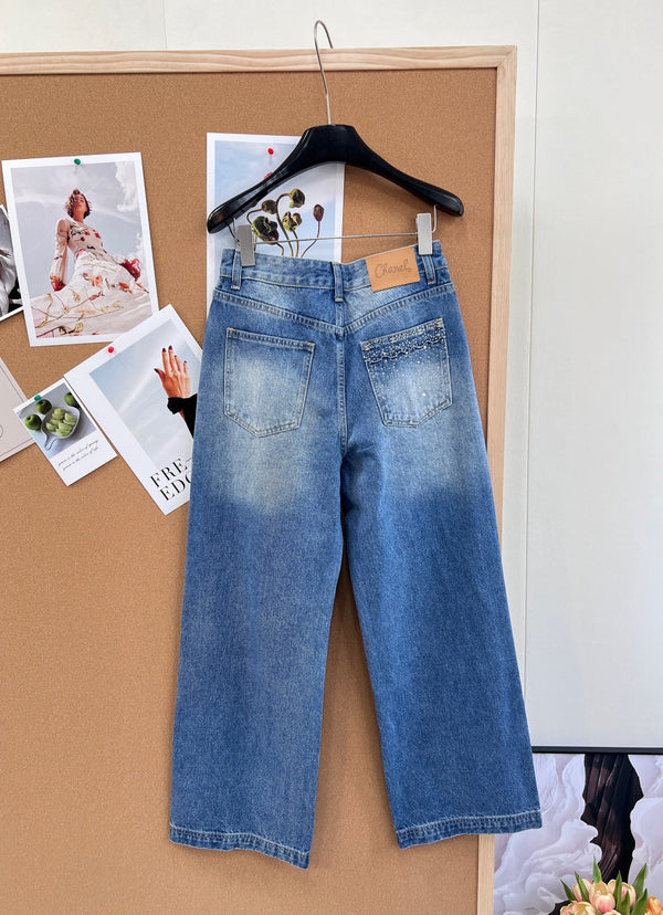 Chanel Wide-Leg Denim Pants Blue in Cotton 129758
