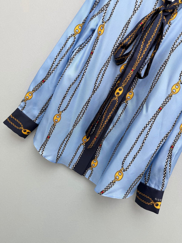 GG Chain Series Print Shirt Blue in Silk Twill 144472