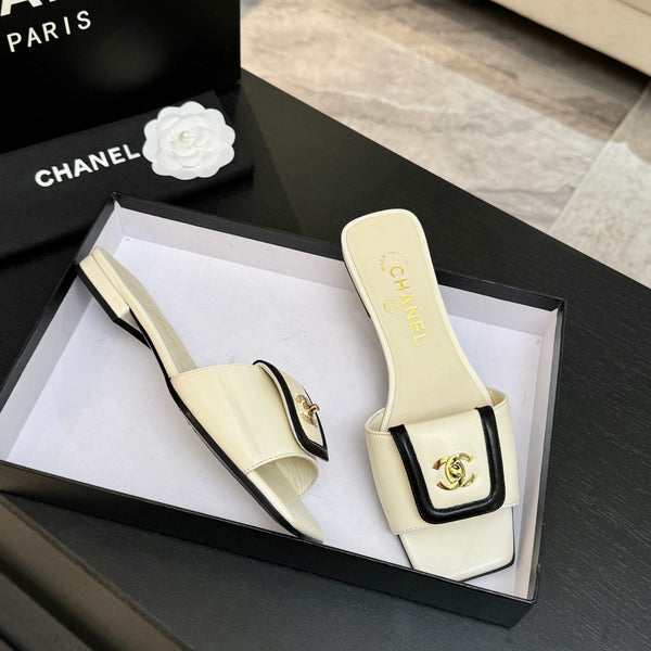 Chanel 26C Double C Buckle Square Toe Slippers Cream Black in Lambskin 673029