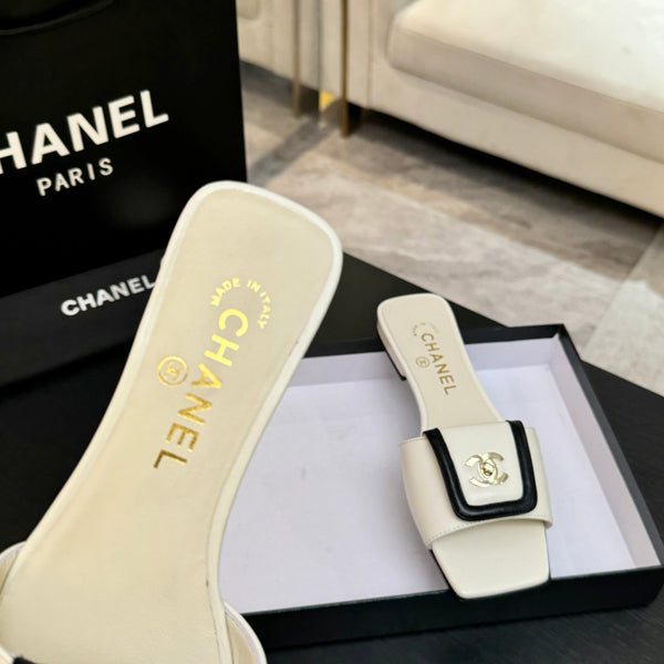 Chanel 26C Double C Buckle Square Toe Slippers Cream Black in Lambskin 673029