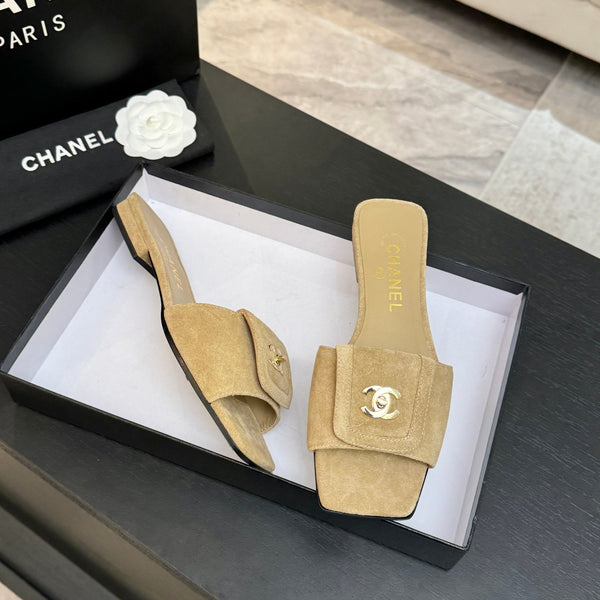 Chanel 26C Double C Buckle Square Toe Slippers Beige in Suede 673026