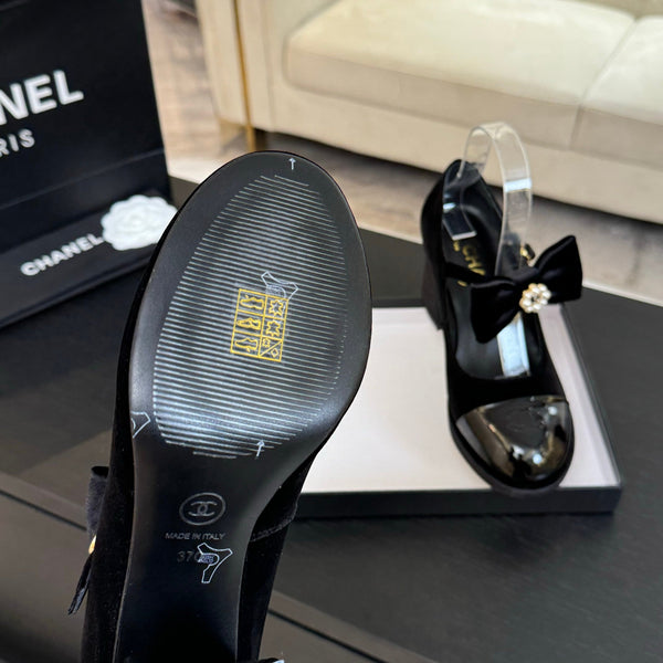 Chanel KJ26 Mary Janes Heel 2.5cm with Bow Black in Velvet 673010
