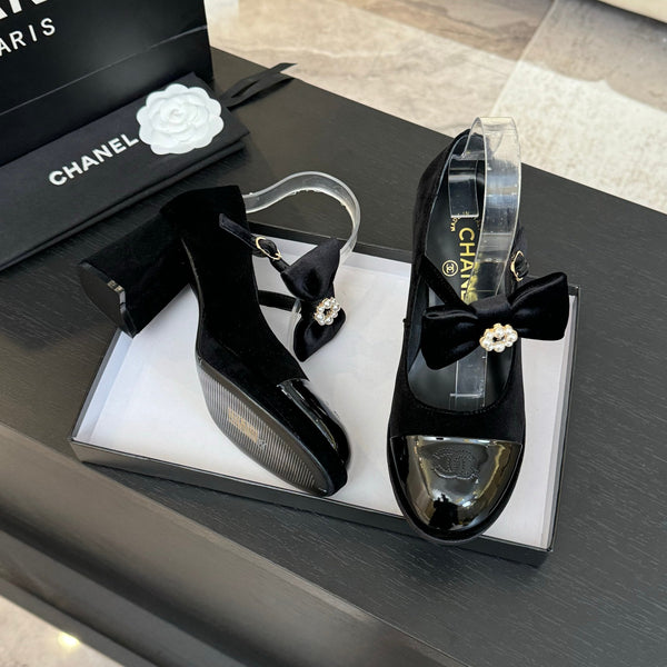 Chanel KJ26 Mary Janes Heel 2.5cm with Bow Black in Velvet 673010