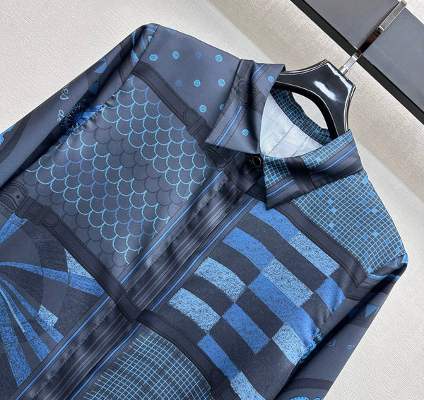 Hermes 26 Printed Long-Sleeve Shirt Blue in Mulberry Silk 137394