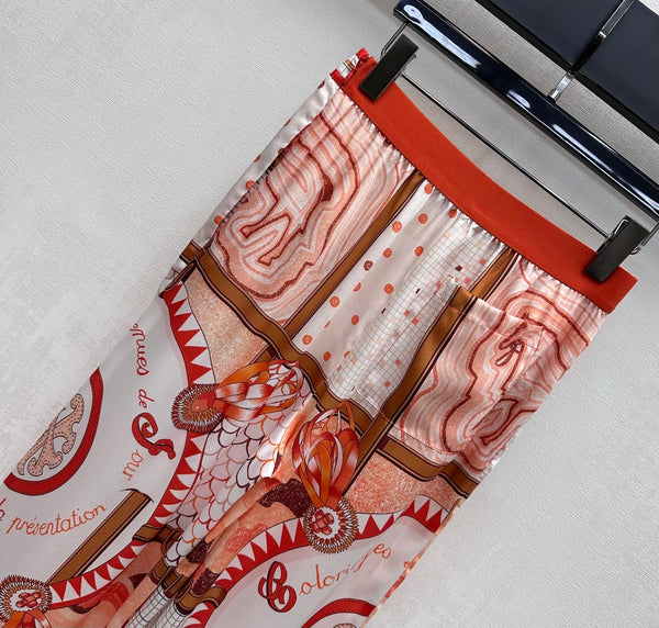 Hermes 26 Printed Straight-Leg Trousers Orange in Mulberry Silk 137389