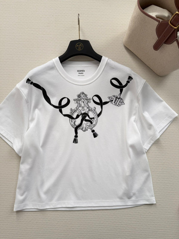 Hermes 26 Ribbon Badge Print Short-Sleeve T-Shirt White in Cotton 888720