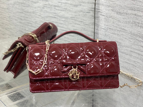 Dior 26 Bow Pearl Chain Clutch In Burgundy Glossy Lambskin GHW