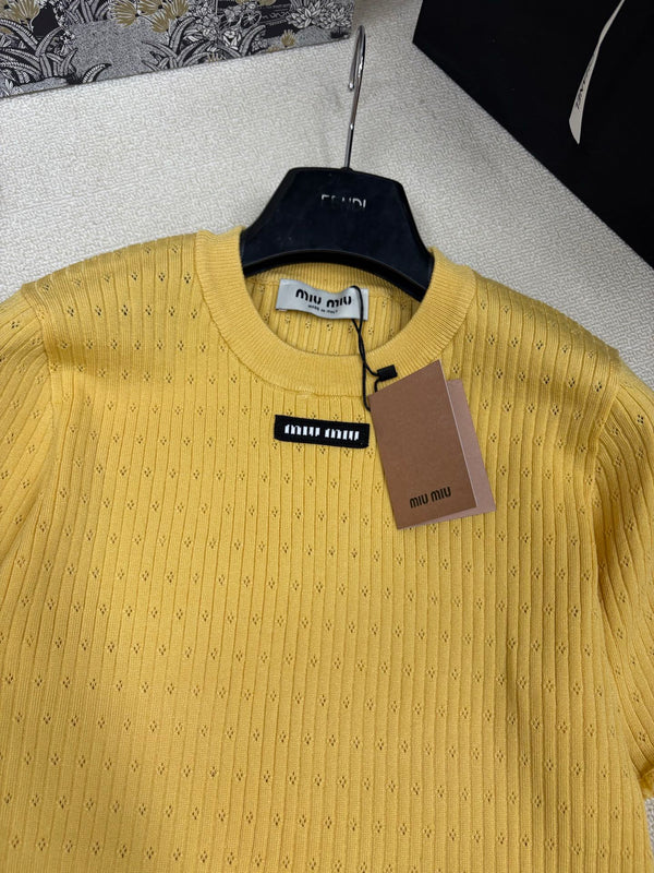 Miu Miu 26 Crew Neck Short-Sleeve Top Yellow in Knitting 191310
