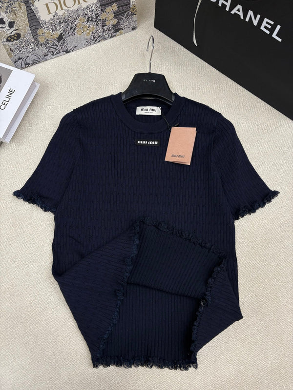 Miu Miu 26 Crew Neck Short-Sleeve Top Black in Knitting 191309