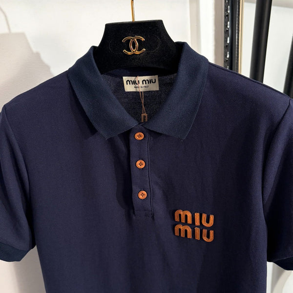 Miu Miu Polo Collar Short-Sleeve Dress Navy Blue in Cotton 190632