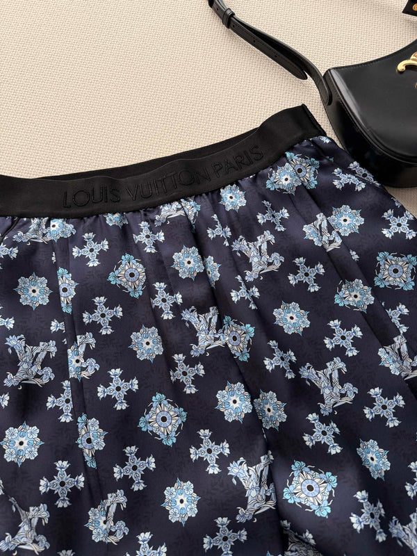 LV 26SS Printed Wide-Leg Pants Navy Blue in Silk 198358