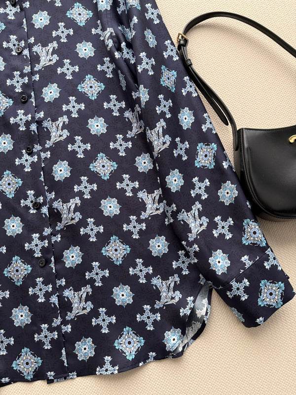 LV 26SS Retro Print Silk Shirt Navy Blue in Silk 198357