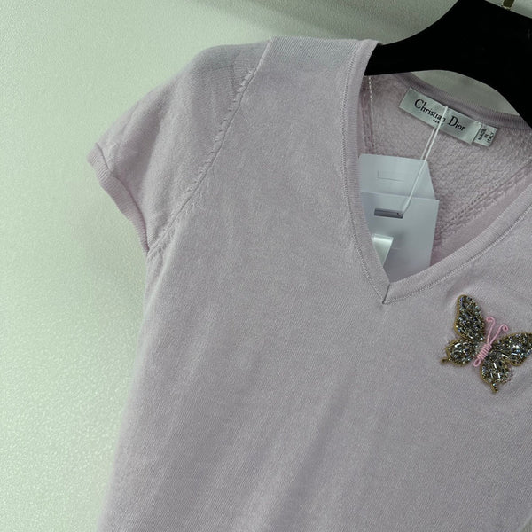 Dior Butterfly Sequin V-Neck Short-Sleeve Top Light Purple in Wool 362474