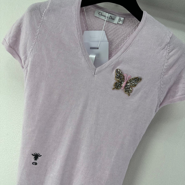 Dior Butterfly Sequin V-Neck Short-Sleeve Top Light Purple in Wool 362474