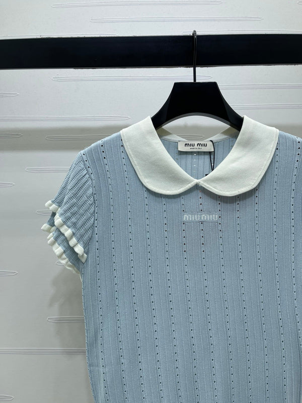Miu Miu 26 Collar Openwork Short-sleeved Top Blue in Tencel 221740
